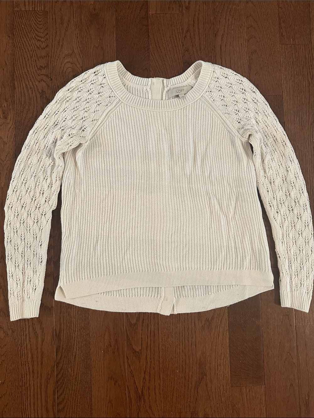 LOFT Cream Knit Sweater with Lace Raglan Sleeves